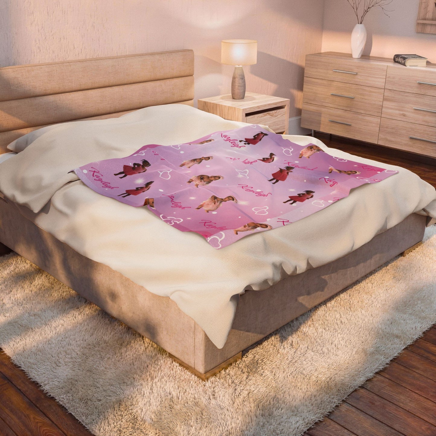 Personalized Pink Velveteen Plush Blanket – Custom Name ‘Kayleigh’ with Cute Kid & Dog Pattern