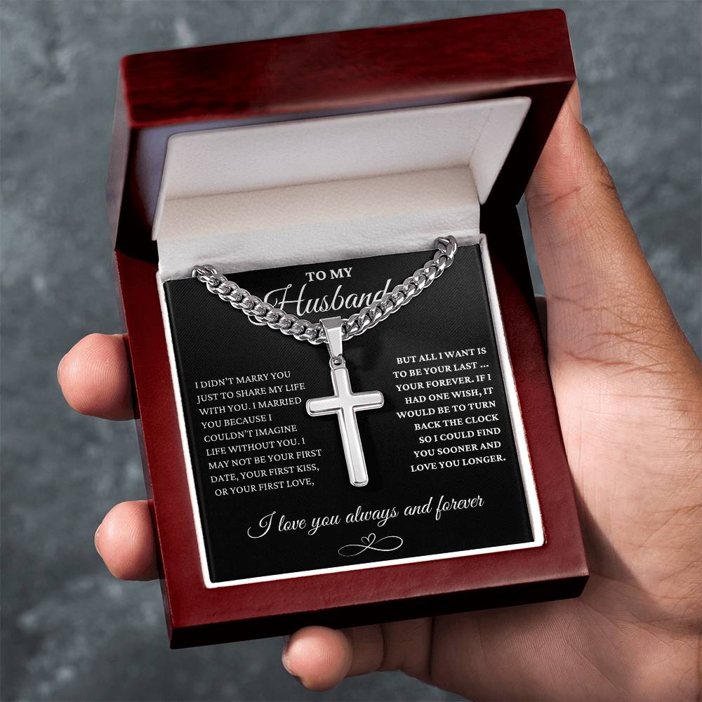 To My Husband - Forever Love - Cuban Link Chain with Engraved Artisan Cros