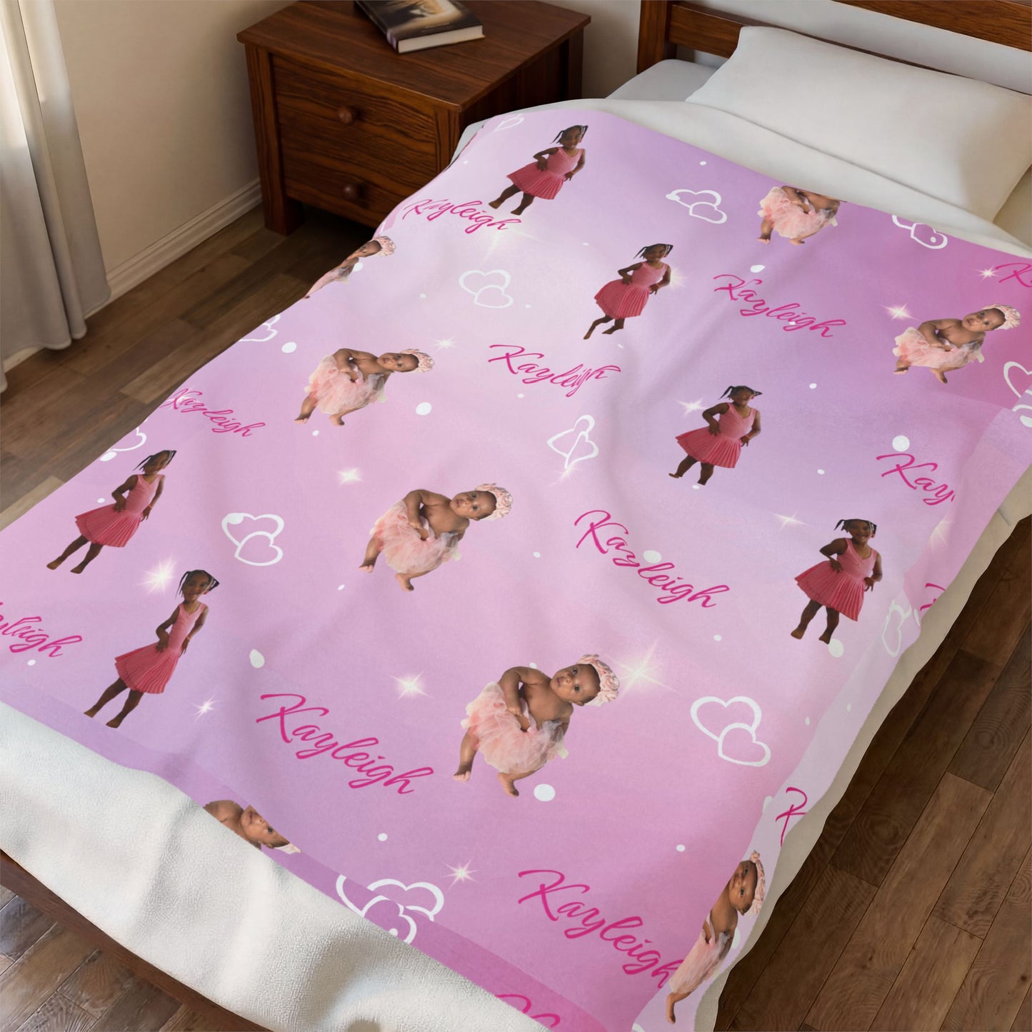 Personalized Pink Velveteen Plush Blanket – Custom Name ‘Kayleigh’ with Cute Kid & Dog Pattern